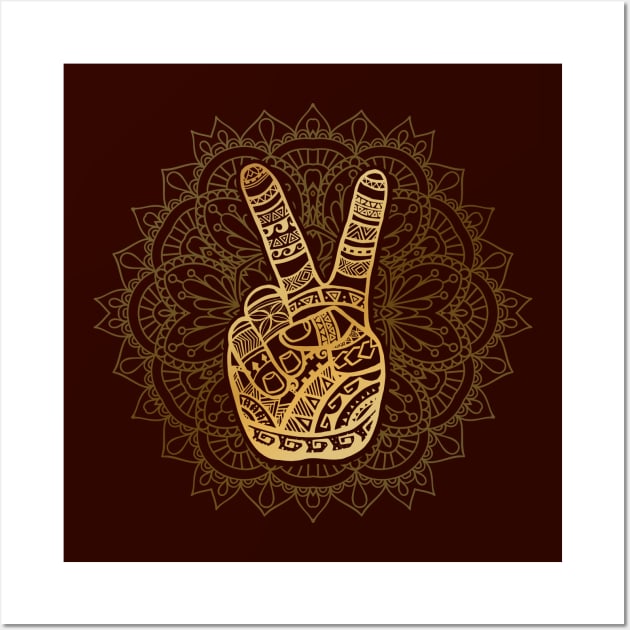 Hippie, Boho Golden Peace Sign, Mandala Wall Art by Jitterfly